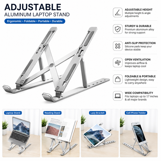 Adjustable Aluminum Laptop Stand (Silver) | Foldable Ergonomic Desk Riser for MacBook, HP, Dell & Lenovo