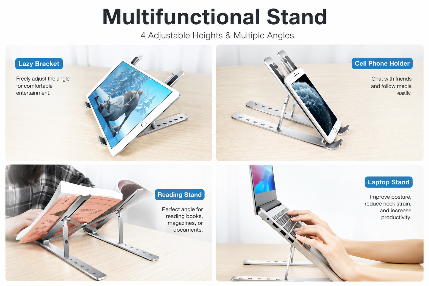 Adjustable Aluminum Laptop Stand (Silver) | Foldable Ergonomic Desk Riser for MacBook, HP, Dell & Lenovo