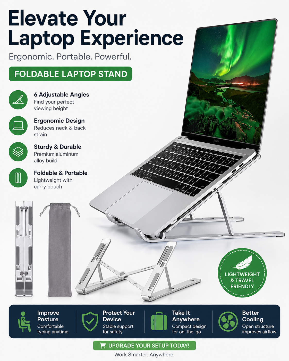 Adjustable Aluminum Laptop Stand for MacBook & Laptops | Ergonomic Desk Stand