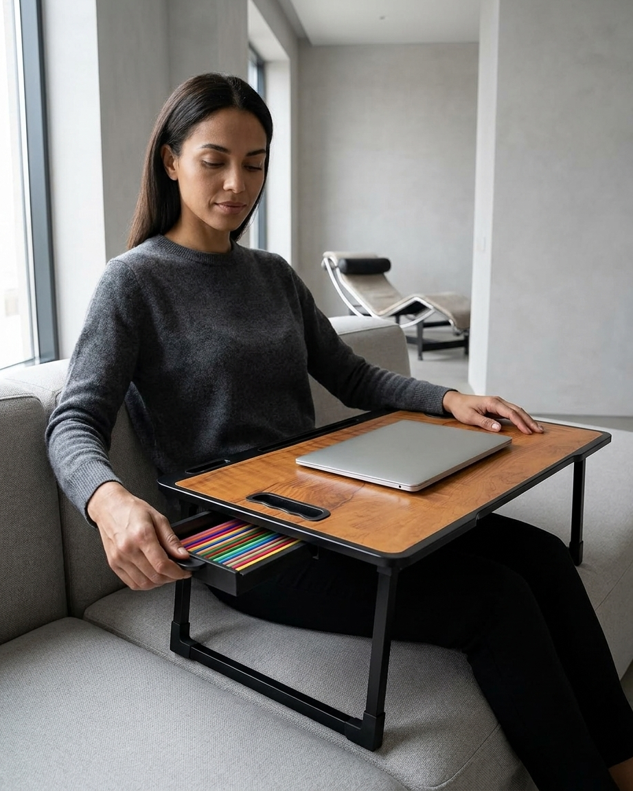 Foldable Laptop Bed Table for Work from Home & Study | Multipurpose Wooden Desk with Cup Holder