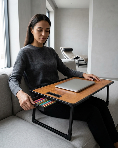 Foldable Laptop Bed Table for Work from Home & Study | Multipurpose Wooden Desk with Cup Holder