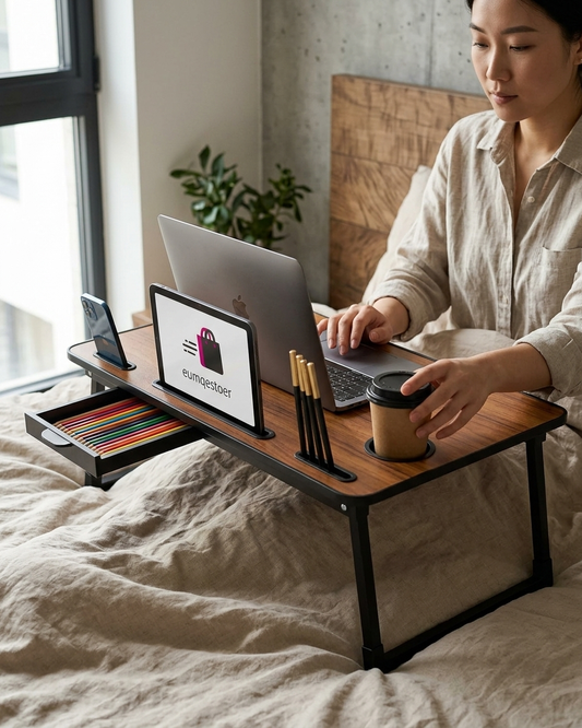 Foldable Laptop Bed Table for Work from Home & Study | Multipurpose Wooden Desk with Cup Holder